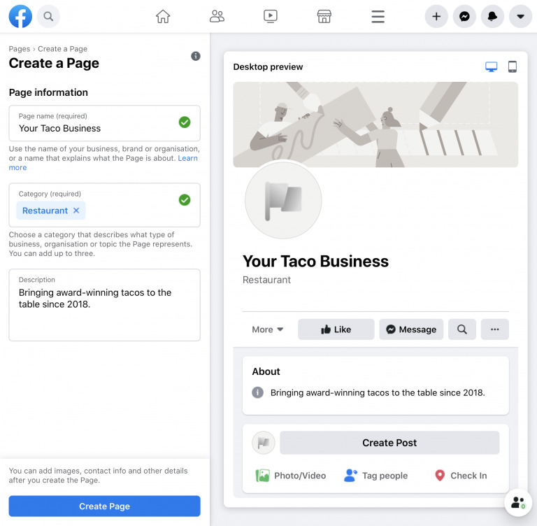 Screenshot of a Biteable video maker interface for a business named "your taco business," displaying various setup options and a desktop preview of the page.