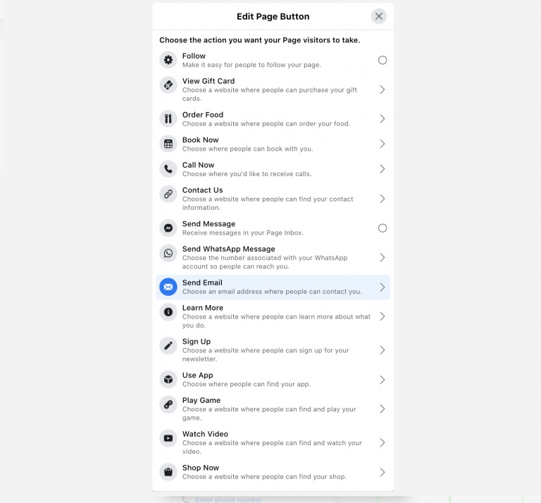 Screenshot of a Facebook page setup using Biteable video maker, displaying various call-to-action button options like "book now," "contact us," and "shop now" for a page visitor to engage with