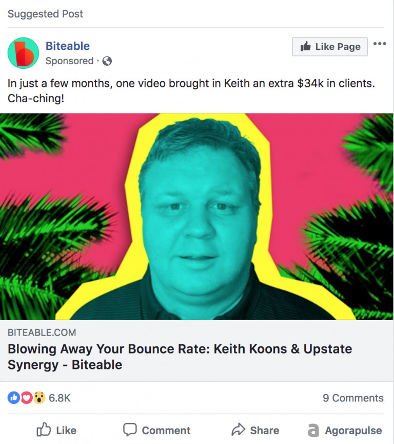 A Facebook ad featuring a man's photo with a vibrant pink and green tropical background. Text celebrates a video bringing in $34K in clients, promoted by Biteable.