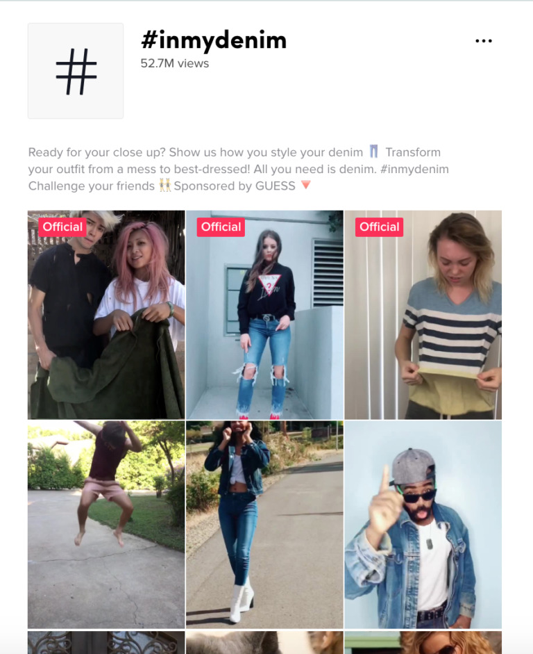 Collage of nine people showcasing denim outfits for the #inmydenim challenge, with varying styles and poses, popular on Biteable video maker.