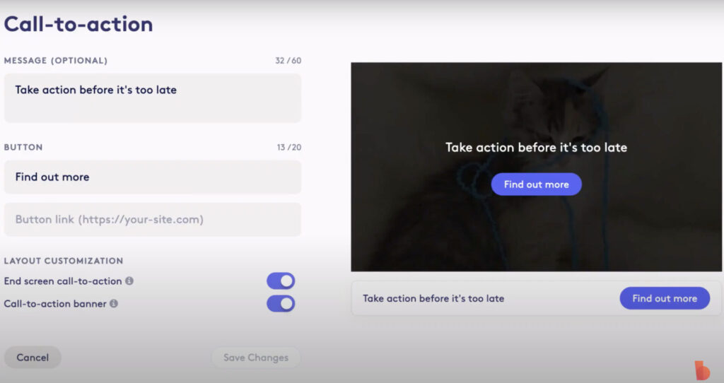 Screenshot of a user interface for editing a call-to-action module with fields for message, button text, and link in the Biteable video maker, featuring a preview section displaying an overlay with a cat image