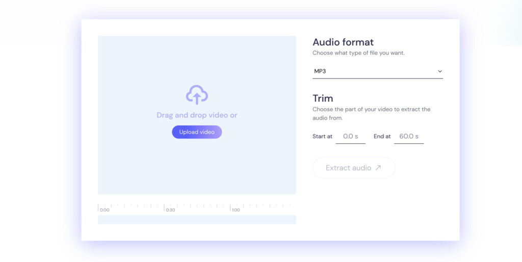 User interface of the Biteable video maker with options to upload video, select format, and specify audio clip duration.