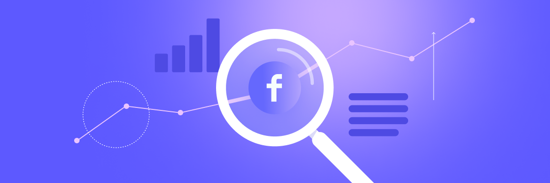 The Facebook algorithm A graphic showcasing a magnifying glass focusing on the facebook logo, surrounded by various analytical charts, against a gradient blue background created with Biteable video maker.