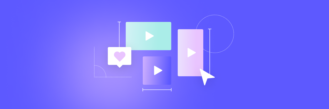 The best video aspect ratios for social platforms Graphic illustration on a blue background featuring various social media icons, including a play button, heart, and arrow from Biteable video maker, symbolizing digital interaction and engagement.