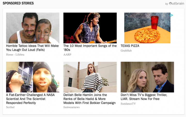 Collage of thumbnails for Biteable video maker sponsored stories featuring various topics such as tattoo fails, iconic '80s songs, pizza, flat earth conspiracy, fashion modeling, and a TV show promotion.