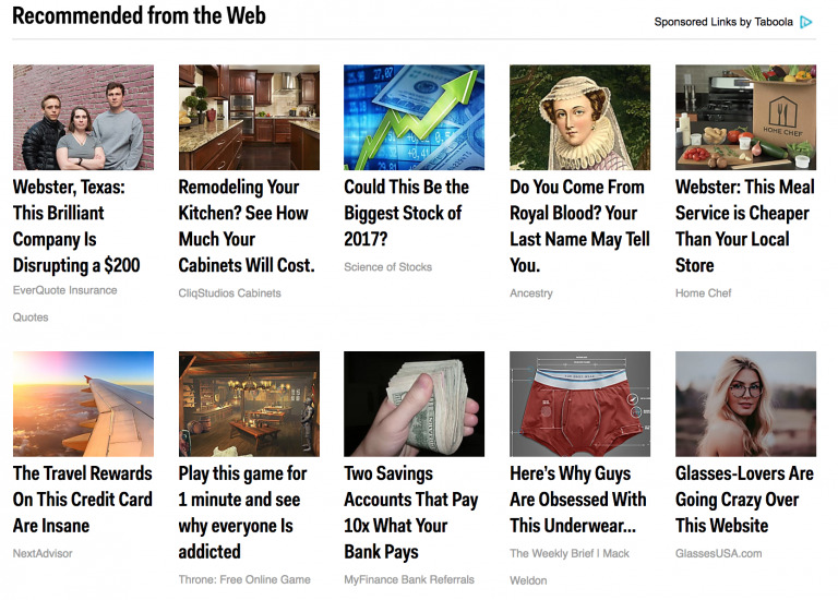 Collage of sponsored web advertisements featuring articles on insurance, kitchen remodeling, stock investment, ancestry, meal services, travel rewards, online games, savings accounts, and eyewear.