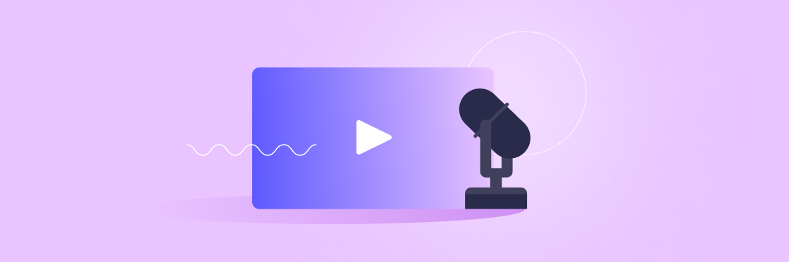 Video voice over examples Illustration of a Biteable video maker podcast setup with a play button icon and a microphone against a purple background.