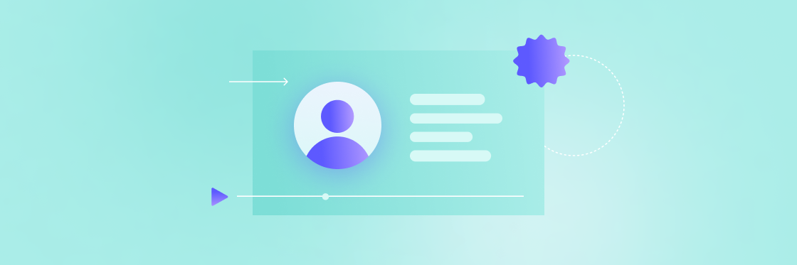 Why you need a video resume and how to make one Graphic of a user profile interface with an avatar, text fields, and directional arrows on a light blue background, optimized for Biteable video maker.
