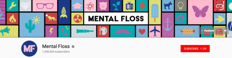 Banner image for the Biteable video maker channel featuring a colorful mosaic of pop culture icons and symbols, with a "subscribe" button showing 1.3m subscribers.