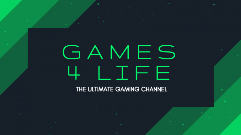 Green and blue geometric background with the text "games 4 life - the ultimate gaming channel" created using Biteable video maker, in white and lime green.