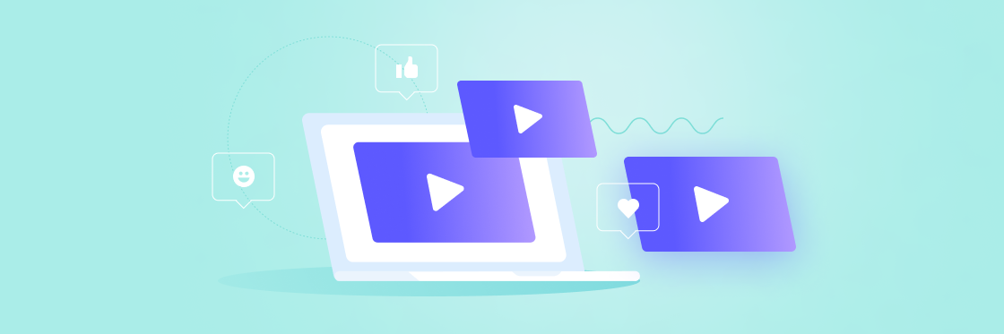 An illustration of a laptop using Biteable video maker on the screen and floating around it, set against a light green background with engagement symbols.