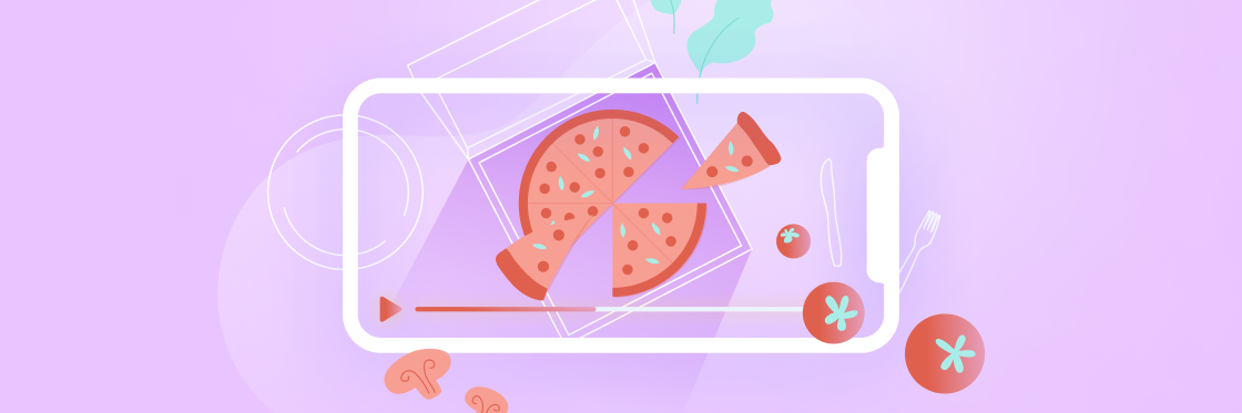 Illustration of a smartphone displaying a pie chart, surrounded by abstract shapes and icons, set against a purple background, featuring the Biteable video maker logo.