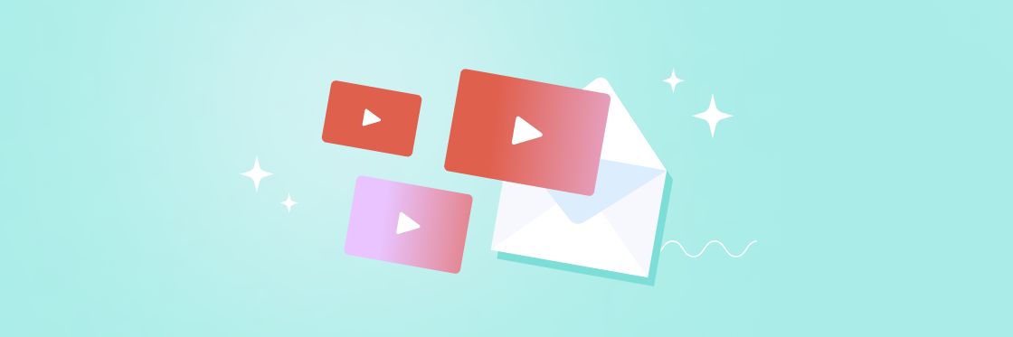 Announce holiday events virtual and onsite with these templates Three stylized video play buttons emerging from an envelope, on a soft turquoise background with decorative sparkles, representing the Biteable video maker.