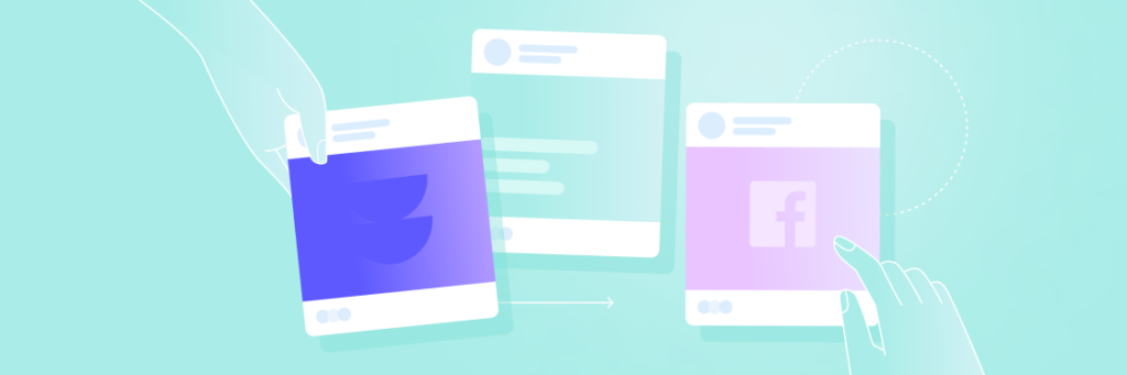 Illustration of a hand interacting with floating social media interface screens on a light green background, created using Biteable video maker.