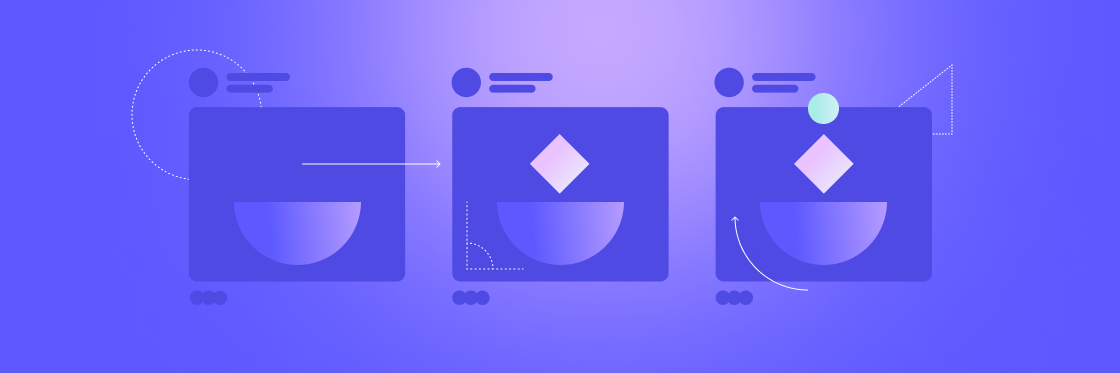 How to scale Facebook Ads and avoid ad fatigue Graphic created using Biteable video maker, showing three stages of an abstract process with shapes and arrows on a purple gradient background.
