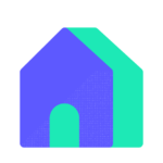 Abstract geometric illustration of a blue and green house with a dotted texture, designed with Biteable video maker.