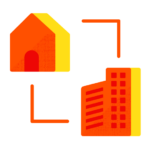 Abstract geometric illustration featuring a stylized red-orange house and angular shapes on a black background, designed for the Biteable video maker.