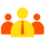 Graphic icon depicting three abstract people, one in the center wearing a tie, against a black background for Biteable video maker.