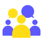 Graphic of three stylized people with speech bubbles above their heads, created using Biteable video maker, indicating a conversation.