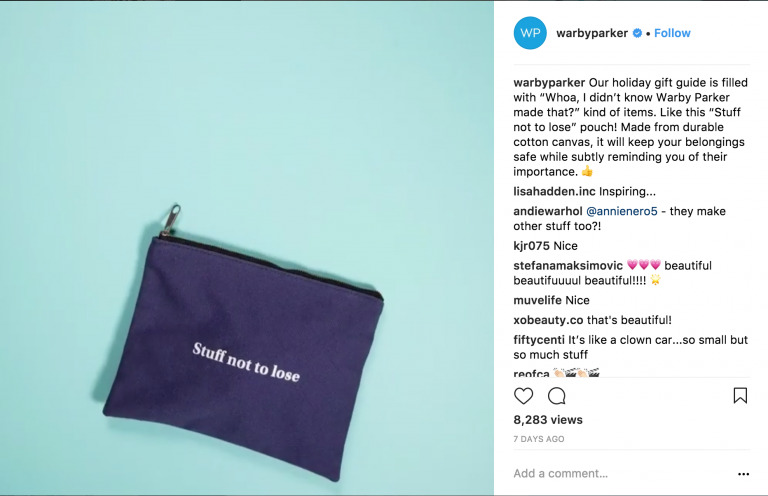 A purple canvas pouch with the text "stuff not to lose" on a turquoise background, accompanied by Biteable video maker comments and likes.