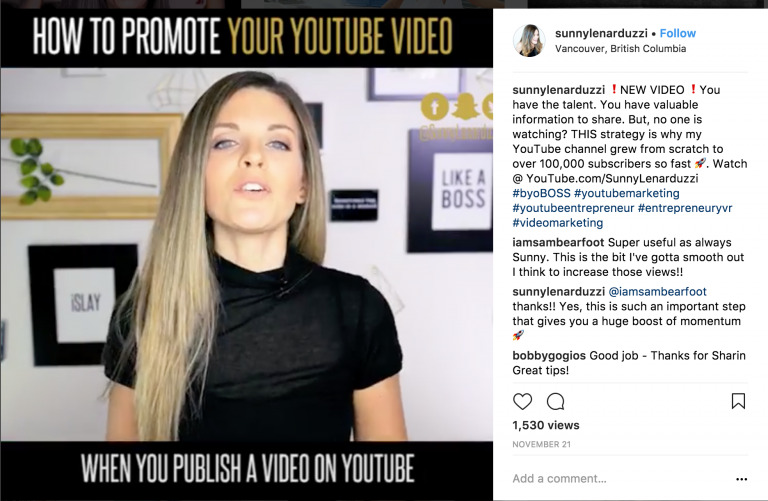 A woman speaks to the camera about promoting YouTube videos using Biteable video maker, with text graphics on screen, in a screenshot of an Instagram post with comments and likes visible.