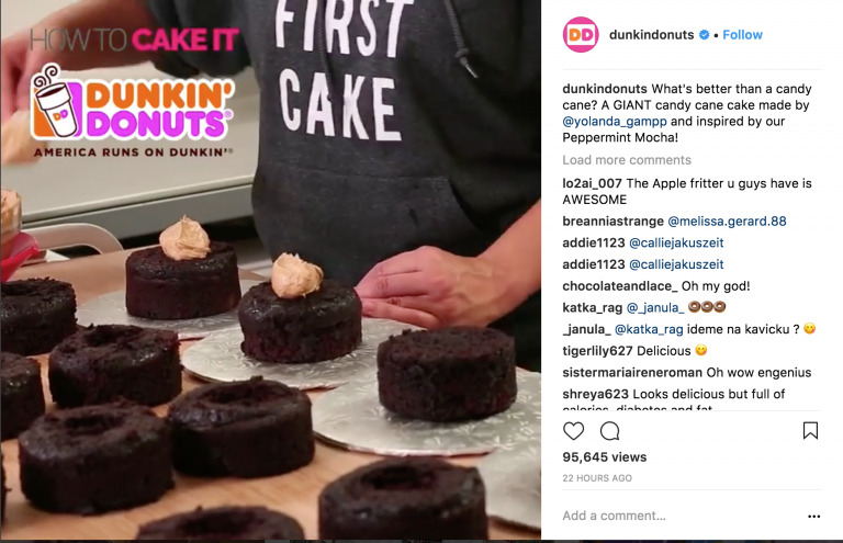 A Dunkin’ Donuts Instagram post featuring a biteable video maker clip of chocolate peppermint cakes, a promotional graphic, and comments beneath appreciating the cake.