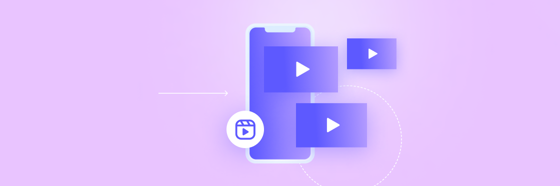 Illustration of a smartphone with Biteable video maker icons and a padlock, symbolizing secure video content on a purple background.