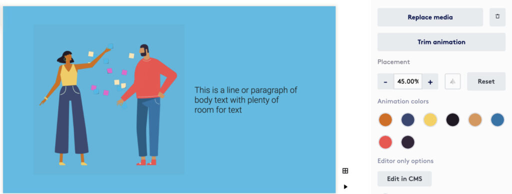 Two people having a conversation, one pointing while the other listens, illustrated on a simple blue background in a Biteable video maker style.