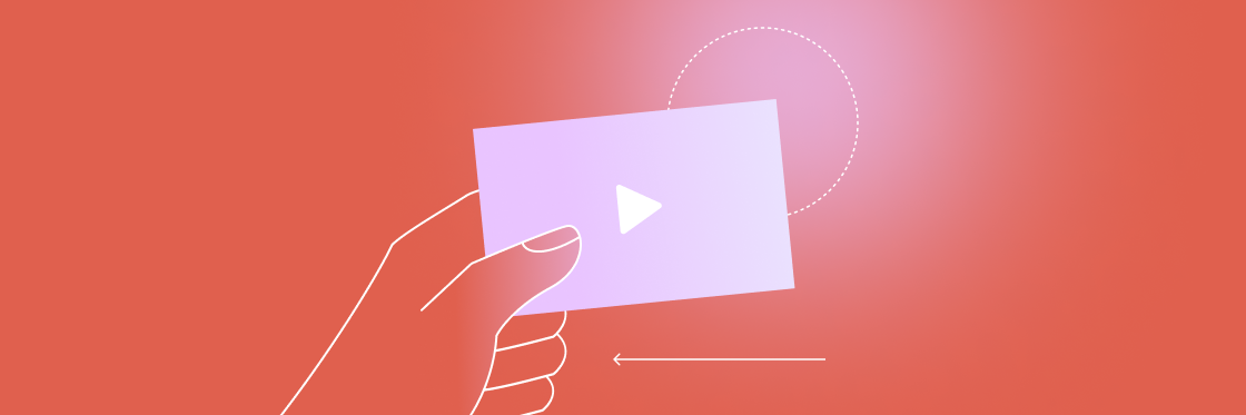 Video business cards A hand holding a card with the Biteable video maker play button symbol against a red background, with a white dashed circle around the card.