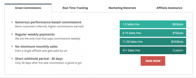 Screenshot of an affiliate program webpage for Biteable video maker, highlighting benefits like "generous performance-based commissions" and a tiered payment structure; also includes a "join now" button.