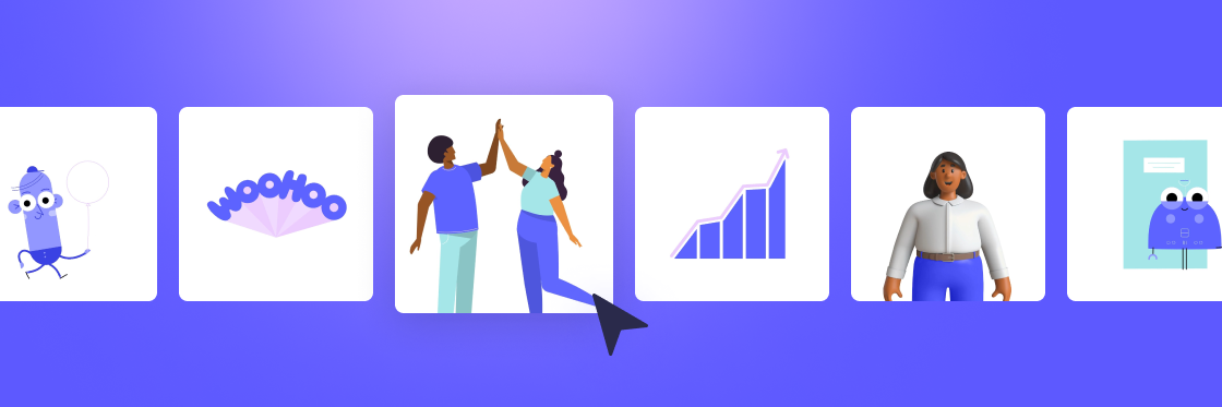 Where to find characters and animations for your videos Five illustrations on a gradient background, suitable for Biteable video maker; includes a robot, gem, high-fiving people, a downturned arrow with charts, and a woman with a robot.