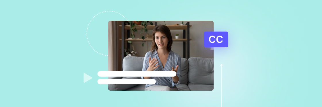Your guide to video captions The what, why, and how Woman in a blue striped shirt talking and gesturing with her hands during a Biteable video call, with closed captioning icon visible.