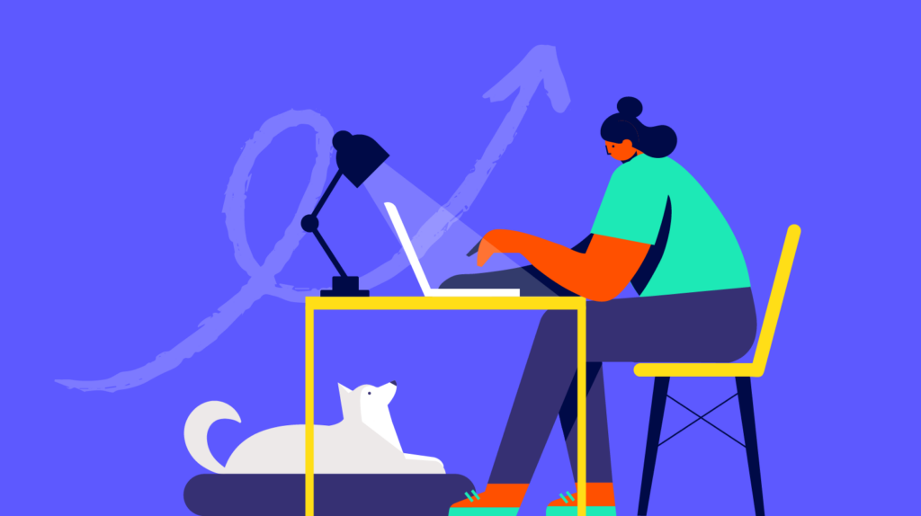 A woman works on a laptop at a desk with a cat lying beside her, under a lamp, against a backdrop with upward arrows, using Biteable video maker.