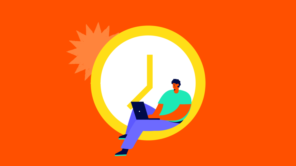 A man sits cross-legged inside a stylized light bulb, working on a laptop, against an orange background.
