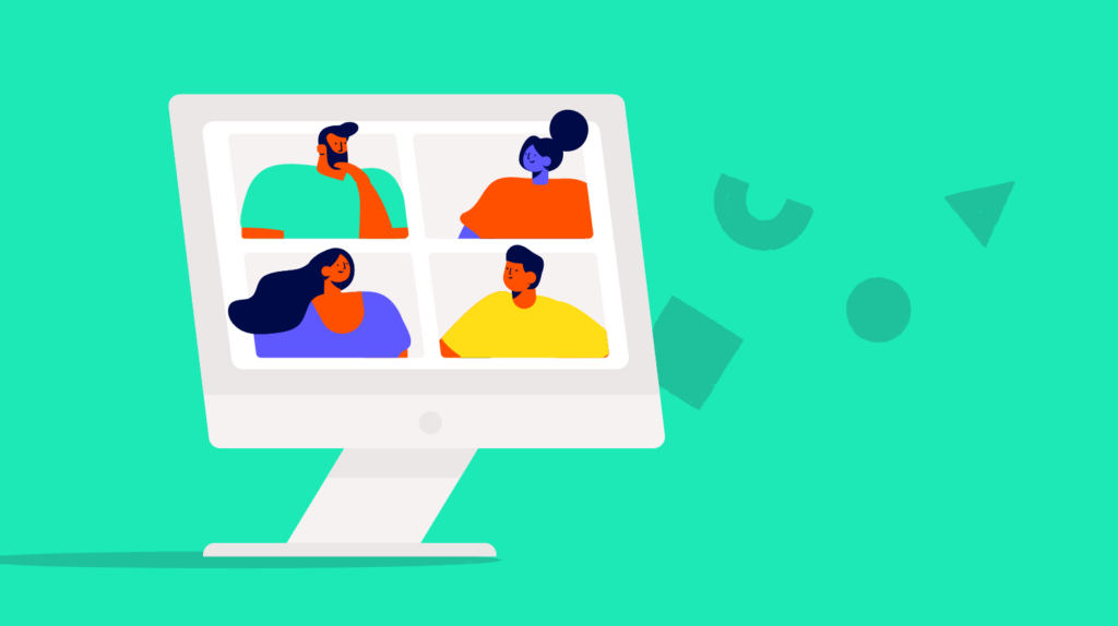 Illustration of a computer screen displaying four diverse people engaging in a Biteable video maker conference call on a green background.