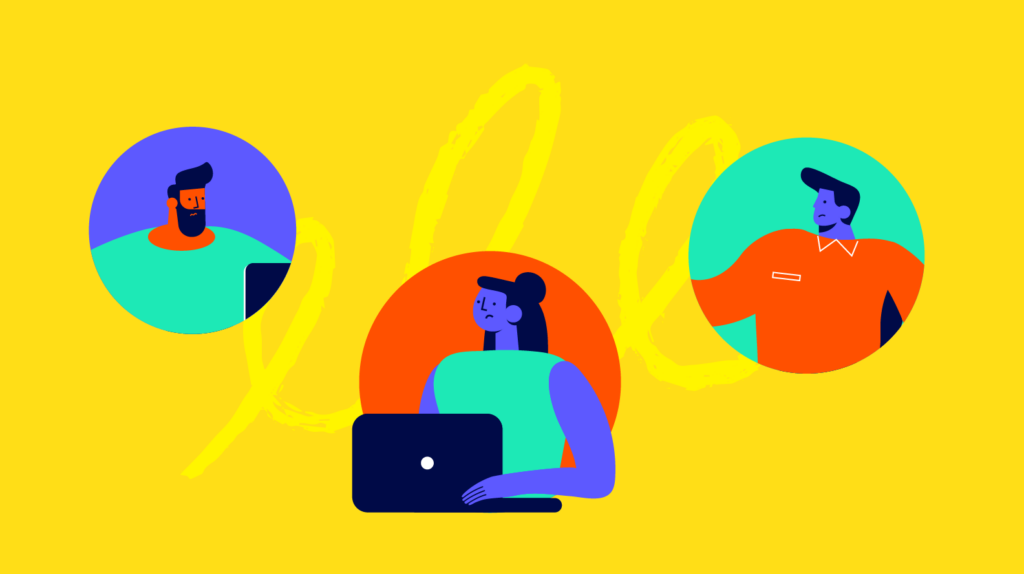 Three people engaging in a virtual meeting, illustrated by stylized figures in colored circles against a yellow background, using the Biteable video maker. Two are on laptops.