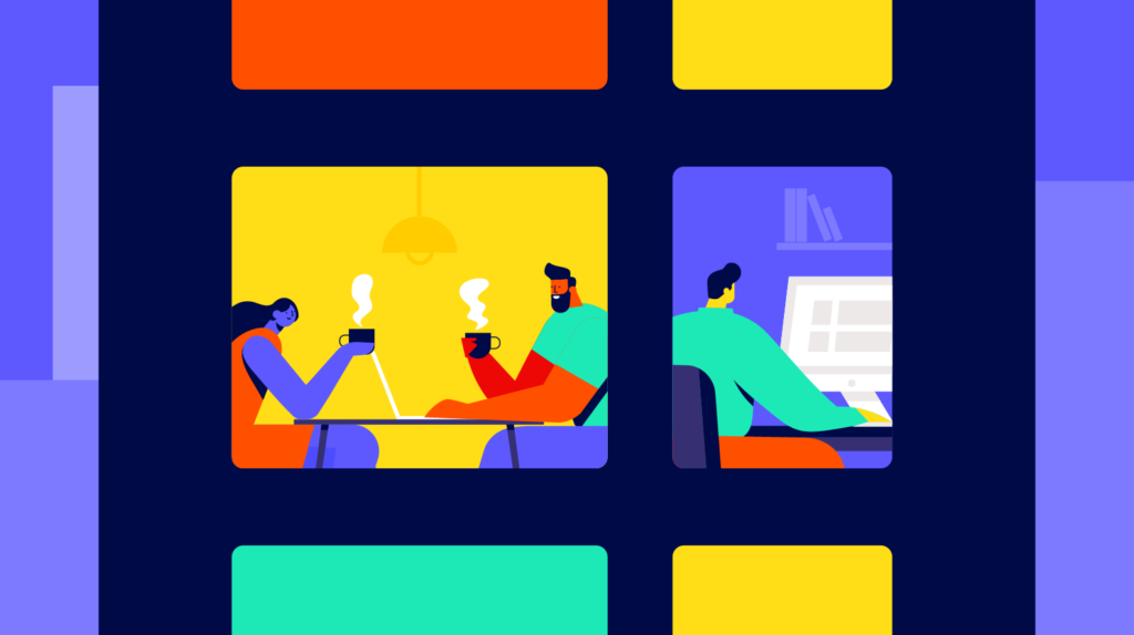 Two people enjoying coffee at a table and another person working on a laptop in a cozy, colorful room divided by panels, featuring the Biteable video maker on their screen.