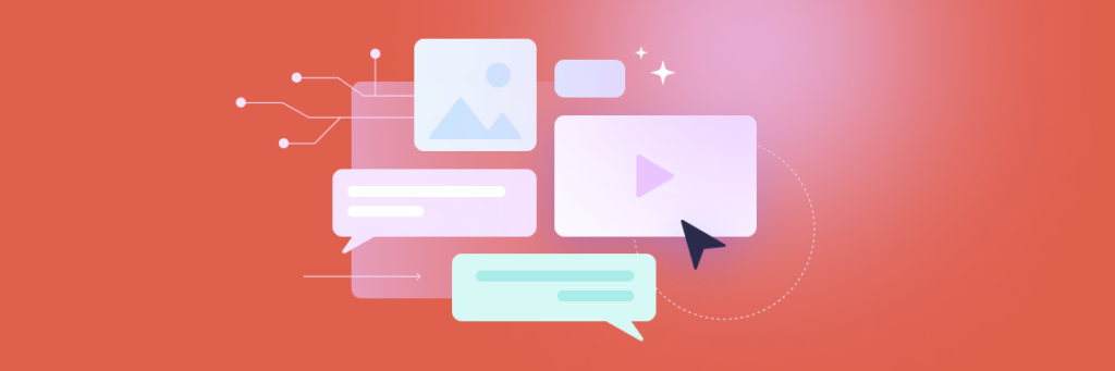 Digital communication concept with icons of messages, AI-generated marketing content, and pictures, floating against a warm orange background.