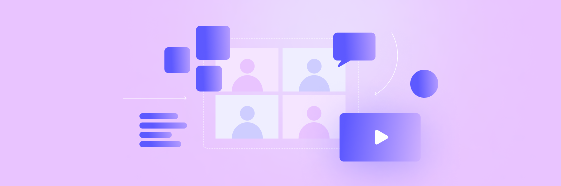 5 productivity-boosting alternatives to Zoom meetings Graphic showcasing Zoom alternatives for a virtual meeting interface with user icons, text bubbles, and multimedia symbols on a purple background.