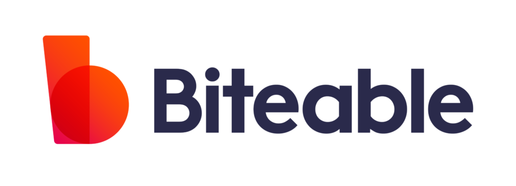 Logo of Zoom alternatives, Biteable, featuring a stylized red "b" next to the word "Biteable" in dark gray lettering.