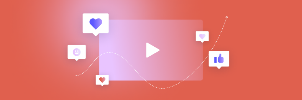 Graphic of a stylized social media video player interface with play button, surrounded by icons representing likes and comments, set against a coral background.