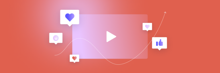Graphic of a stylized social media video player interface with play button, surrounded by icons representing likes and comments, set against a coral background.