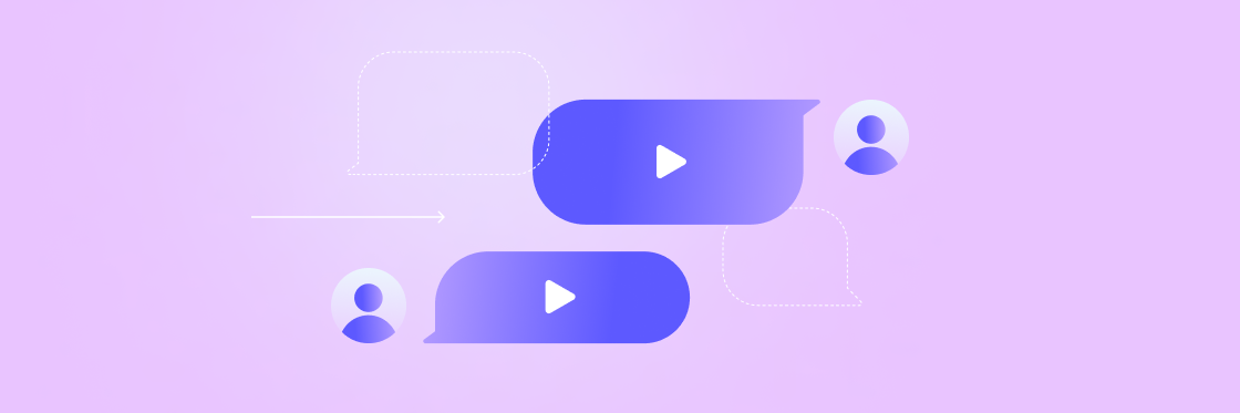 How to boost company culture with video Illustration of two stylized chat bubbles, each containing a play button and user avatar, on a purple background, representing online video communication.