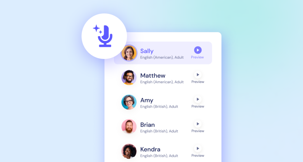 Screenshot of a voice selection interface featuring icons and names of five voice options, labeled with names and language details.