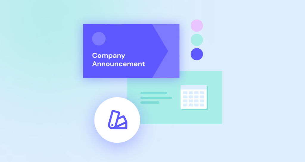 Graphic with "Company Announcement" text, featuring abstract icons of a notepad and calendar on a pastel background.