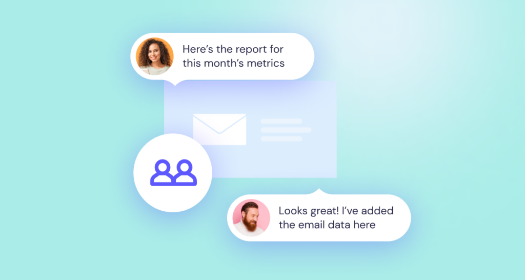 Illustration of a digital conversation about a report, with speech bubbles and icons representing two people, one male and one female, against a light blue background.