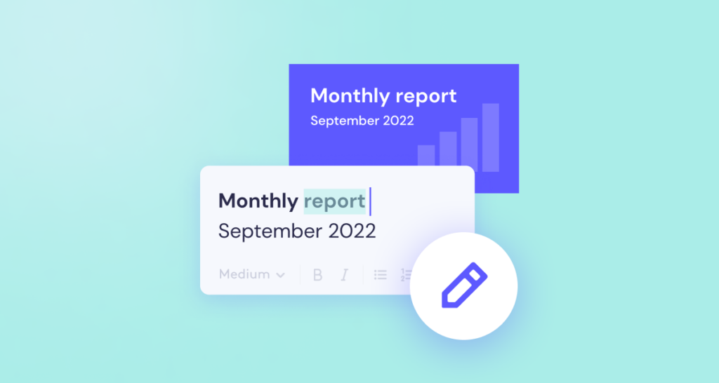 Illustration of a digital screen displaying a monthly report for September 2022, with editing tools visible.