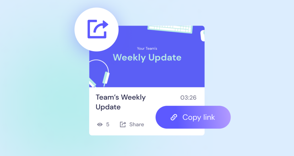 A digital display of a "Team's Weekly Update" presentation on a blue background, featuring options to copy link and share.