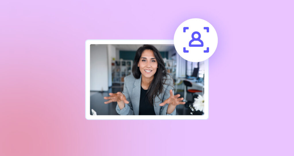 A smiling woman with long dark hair gesturing and speaking during a webinar, framed by a purple and white background with a webinar icon.