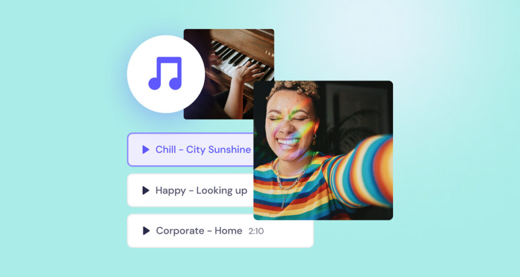 A woman smiling with colorful lights on her face, taking a selfie, next to interface elements including music and mood selection buttons.